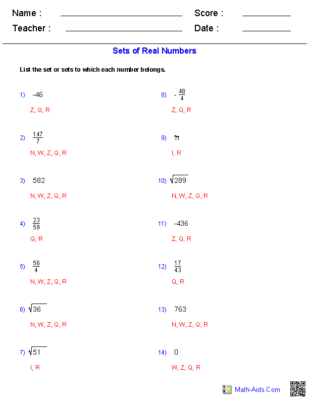 Identifying Number Sets Basics Worksheets