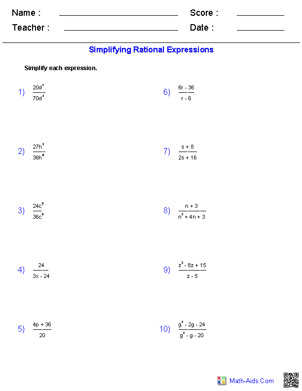 Simplify Rationals Rational Expressions Worksheets
