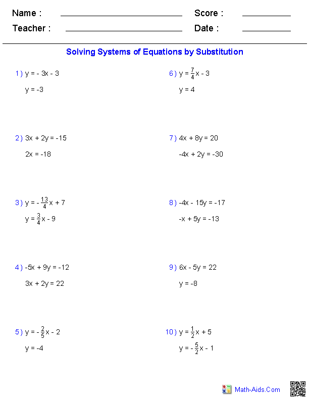 Algebra 1 Worksheets | Systems of Equations and Inequalities Worksheets