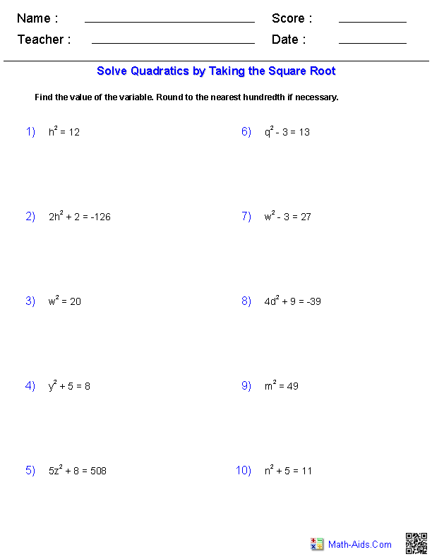 Solving Equations with Square Roots Quadratic Functions Worksheets