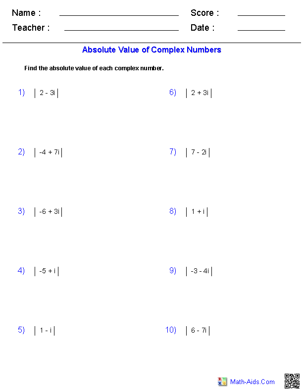 Find Absolute Value of Complex Numbers Complex Numbers Worksheets