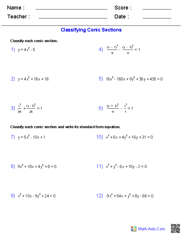 Classifying Conic Sections Conic Sections Worksheets