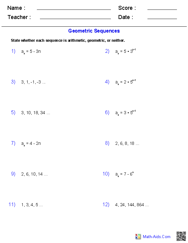 Comparing Arithmetic & Geometric Sequences Series Worksheets