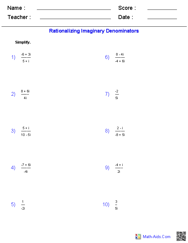 Rationalize Complex Denominators Complex Numbers Worksheets