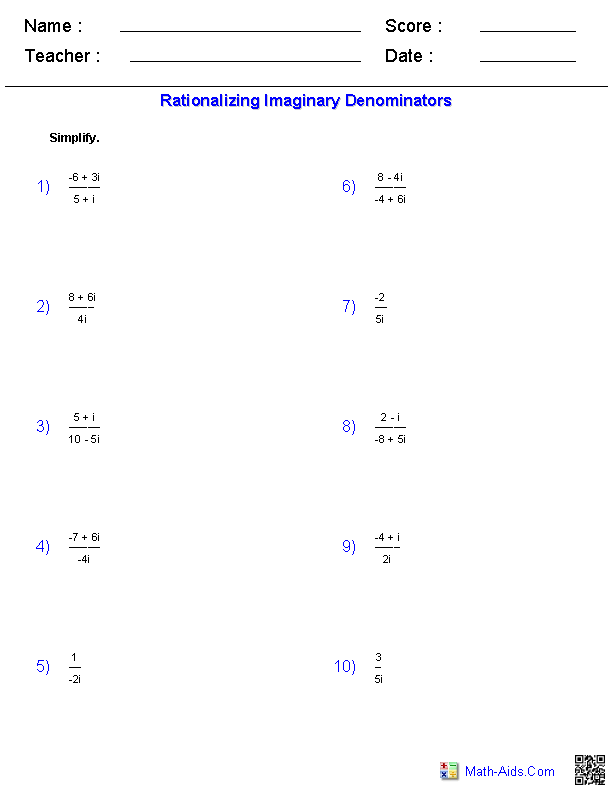 Algebra 2 Worksheets | Complex Numbers Worksheets