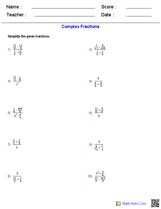 Complex Fractions Rationals Worksheets