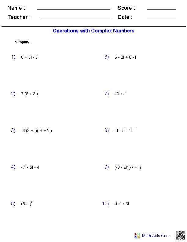 Complex Numbers Adding And Subtracting Worksheet