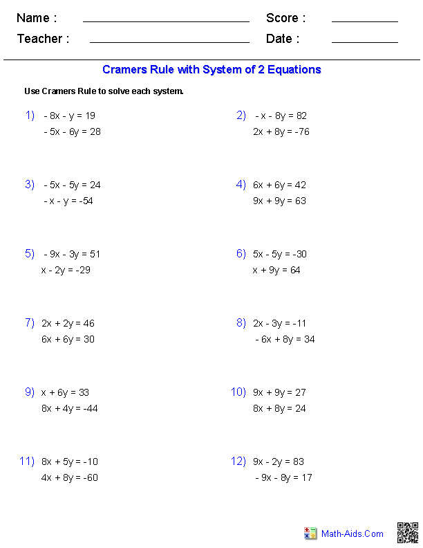 Cramer's Rule 2x2 Matrices Systems of Equations Worksheets