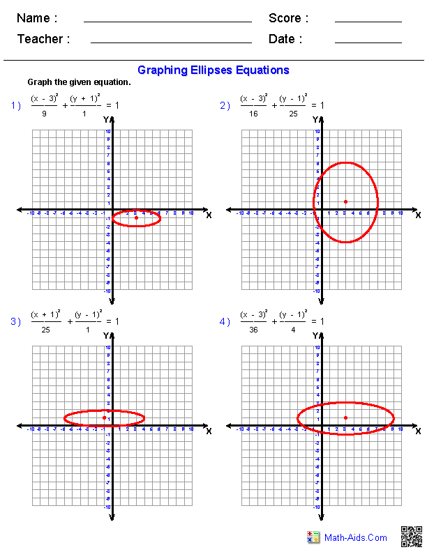 Graphing Equations of Ellipses Conic Sections Worksheets