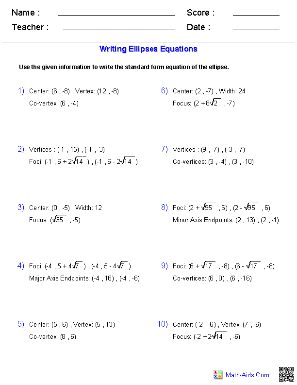 Algebra 2 Worksheets | Conic Sections Worksheets