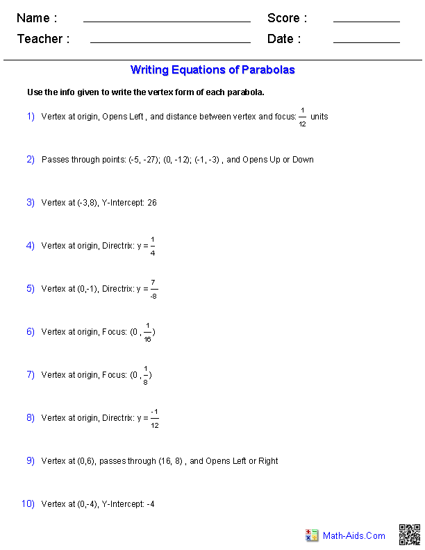 Vertex Form of Parabolas Quadratics Worksheets