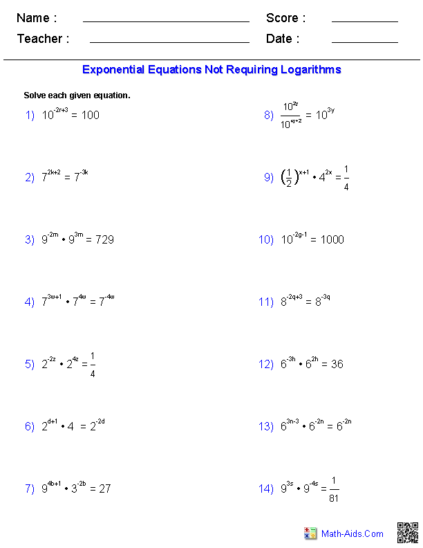 Exponent Equations w/o Logarithms Exponential Worksheets