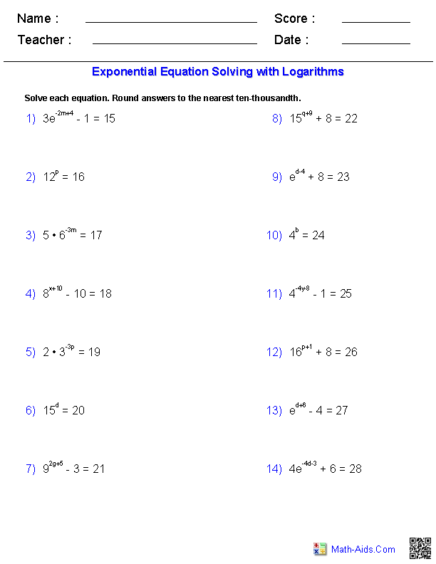 Exponent Equations with Logarithms Exponential Worksheets
