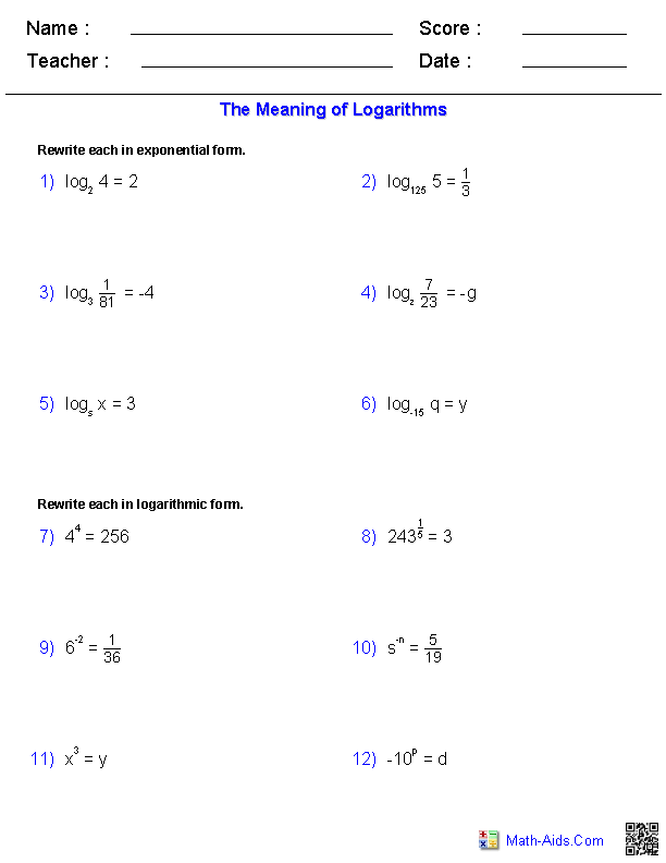 Meaning of Logarithms Exponential Worksheets