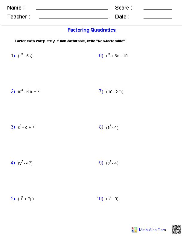 Factoring Expressions Quadratics Worksheets
