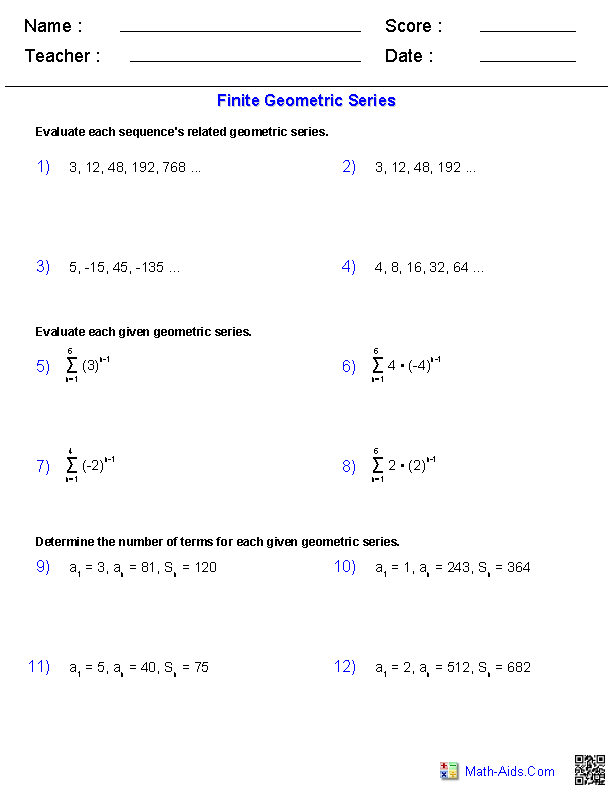 Finite Geometric Series Series Worksheets