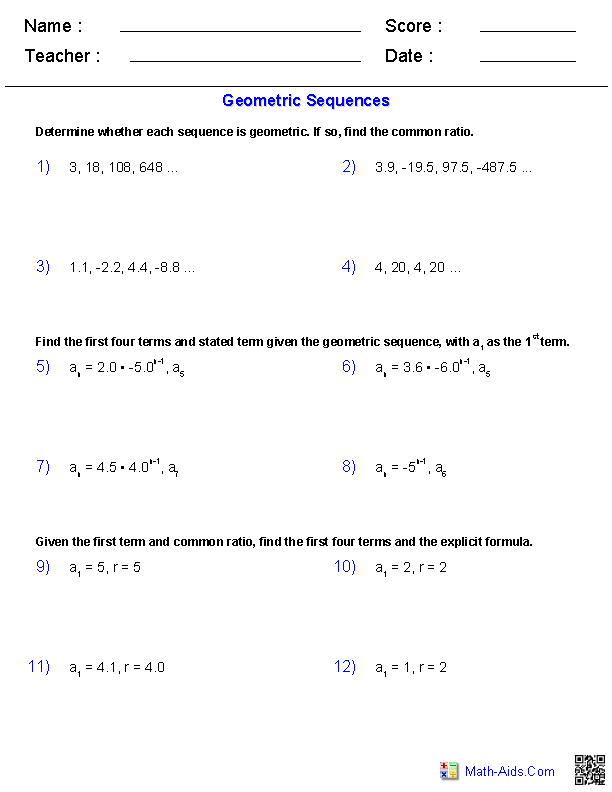 Algebra 2 Worksheets Sequences And Series Worksheets