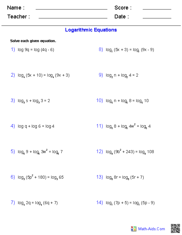 Logarithmic Equations Exponential Worksheets