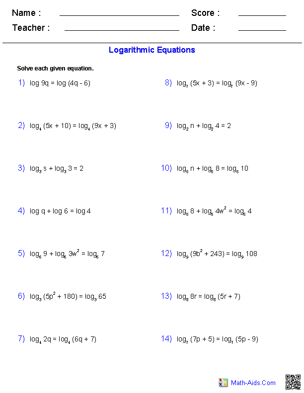 Algebra 2 Worksheets | Exponential and Logarithmic Functions Worksheets