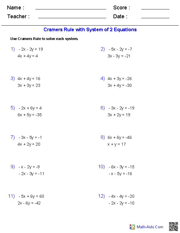 Cramer's Rule 2x2's Matrices Worksheets