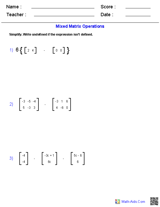 Mixed Operations Matrices Worksheets