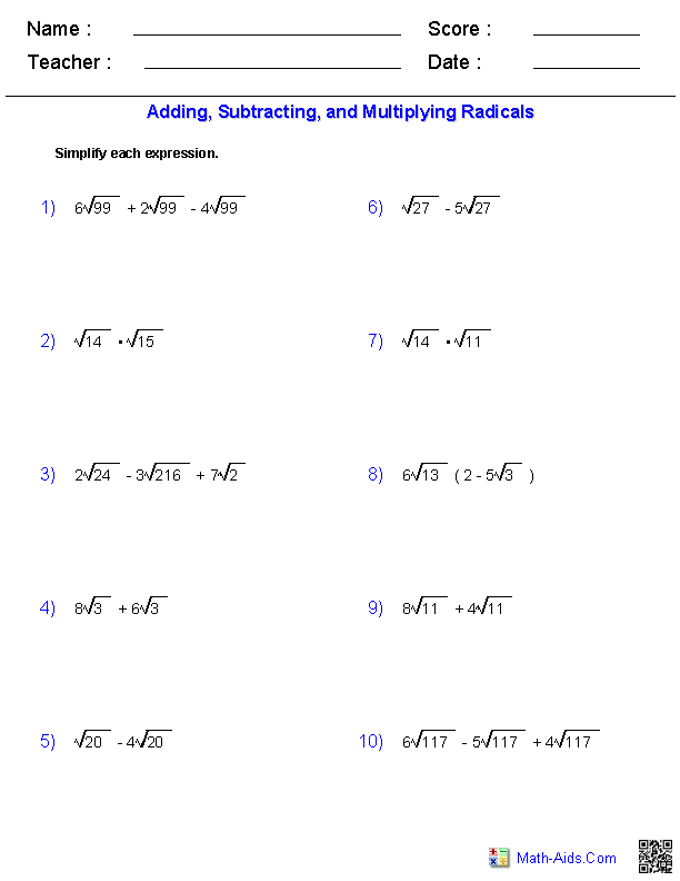 Algebra 2 Worksheets | Quadratic Functions and Inequalities Worksheets