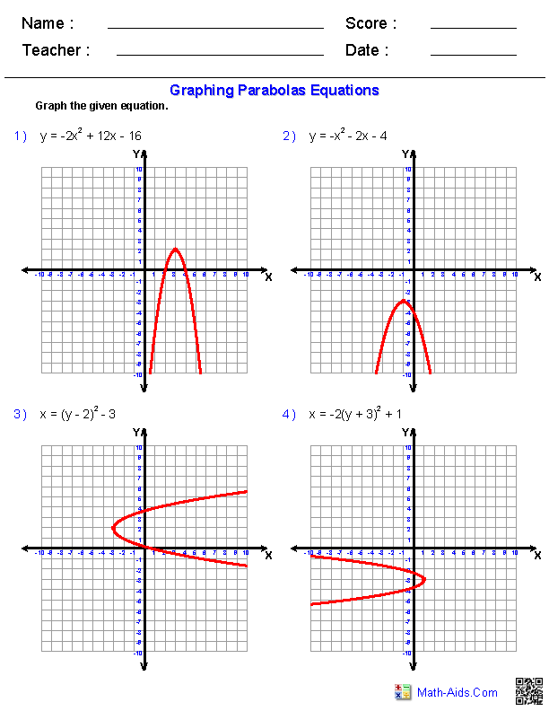 Algebra 1 Worksheets | Quadratic Functions Worksheets