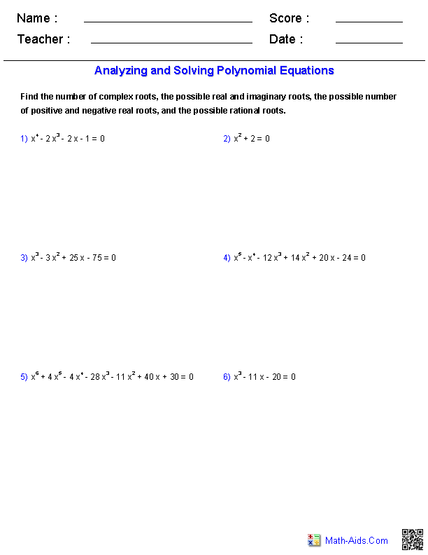 Analyzing and Solving Polynomial Equations Worksheets