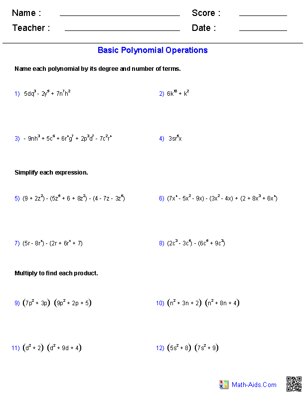 Basic Polynomial Operations Polynomials Worksheets