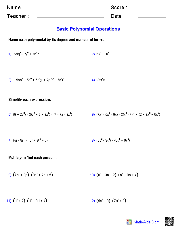 Algebra 2 Worksheets | Polynomial Functions Worksheets