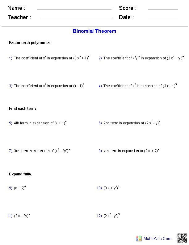The Binomial Theorem Worksheets