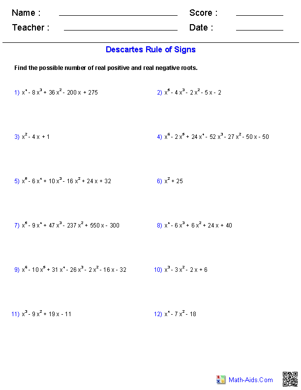 Descartes' Rule of Signs Polynomials Worksheets