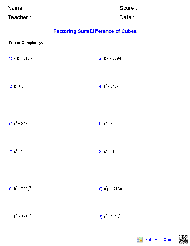 Factoring Sum/Diff of Cubes Polynomials Worksheets