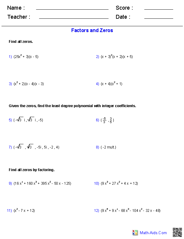 Factors & Zeros Polynomials Worksheets