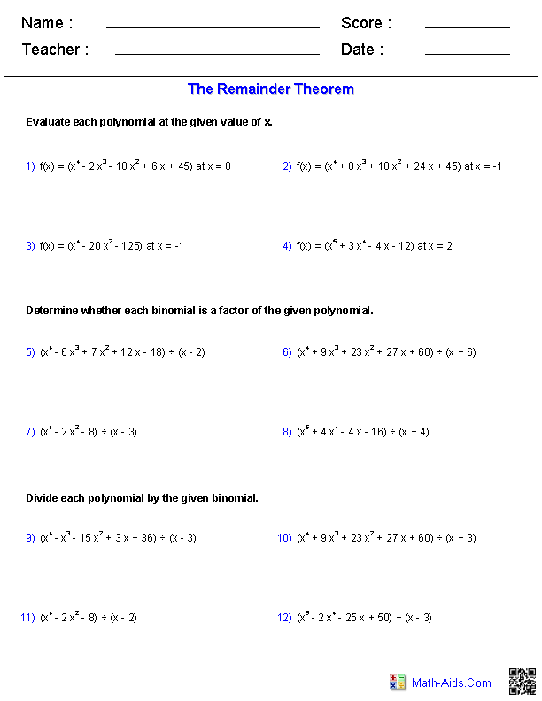 Algebra 2 Worksheets | Polynomial Functions Worksheets