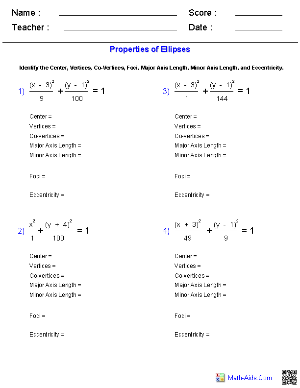 Properties of Ellipses Conic Sections Worksheets