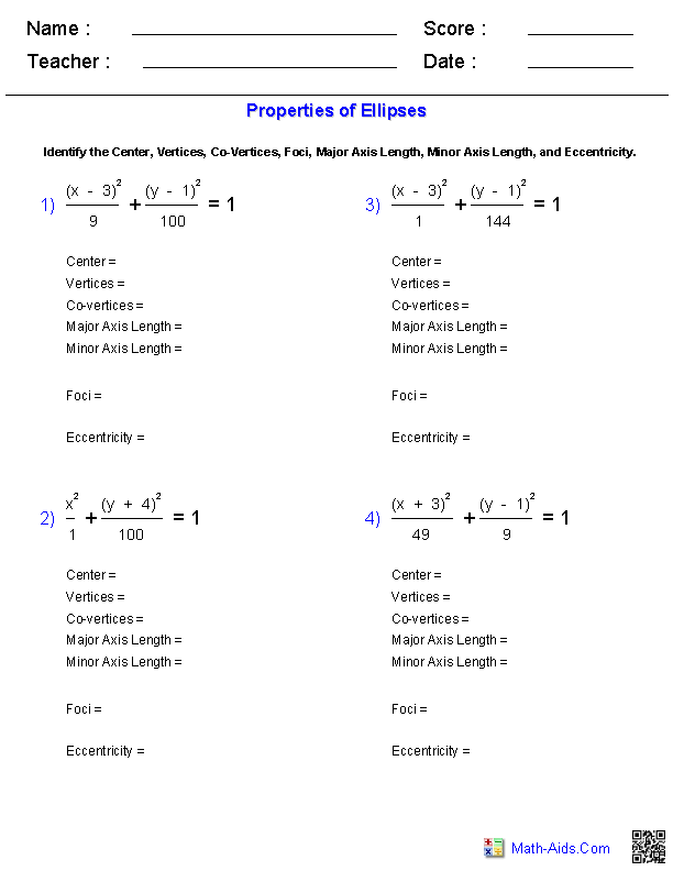 Algebra 2 Worksheets | Conic Sections Worksheets