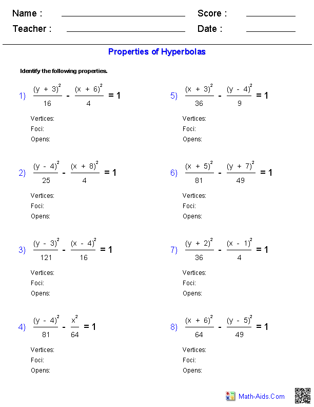 Properties of Hyperbolas Conic Sections Worksheets