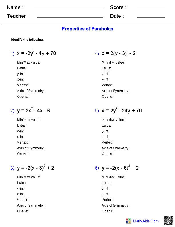 Properties of Parabolas Quadratics Worksheets