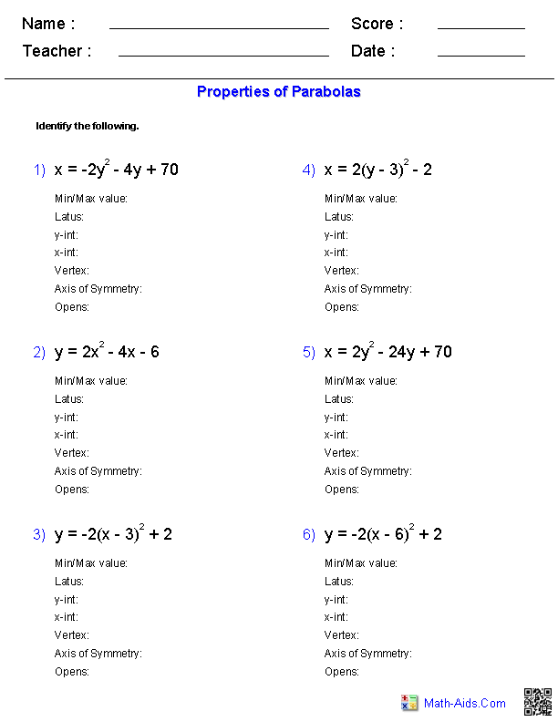 Algebra 2 Worksheets Quadratic Functions And Inequalities