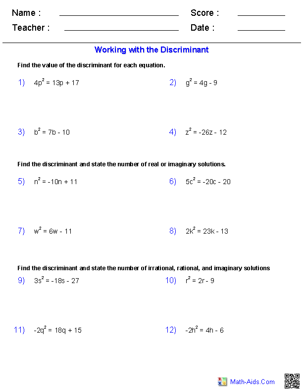 Work with Discriminants Quadratics Worksheets