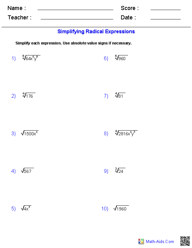 Simplifying Radicals Radicals Worksheets