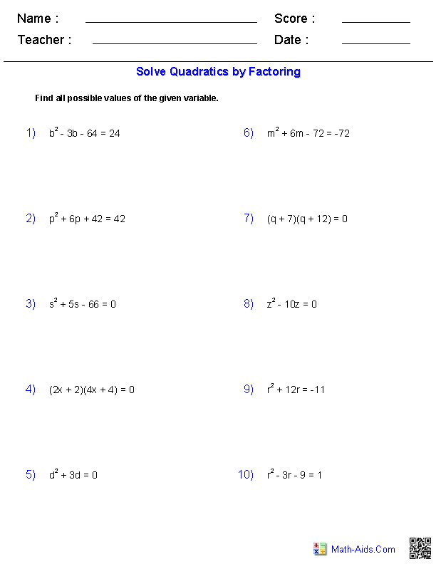 Solve Expressions with Factoring Quadratics Worksheets