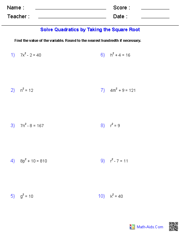 Solve Expressions with Square Roots Quadratics Worksheets