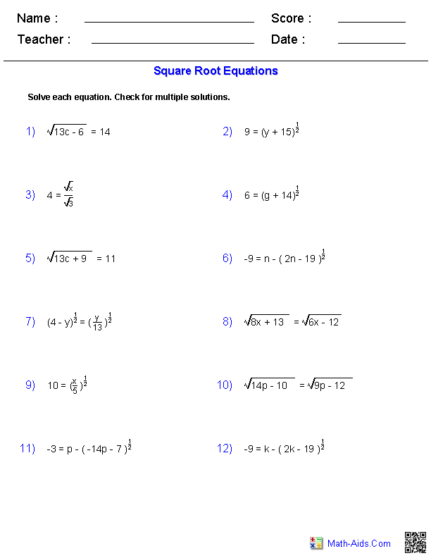Square Root Equations Radicals Worksheets