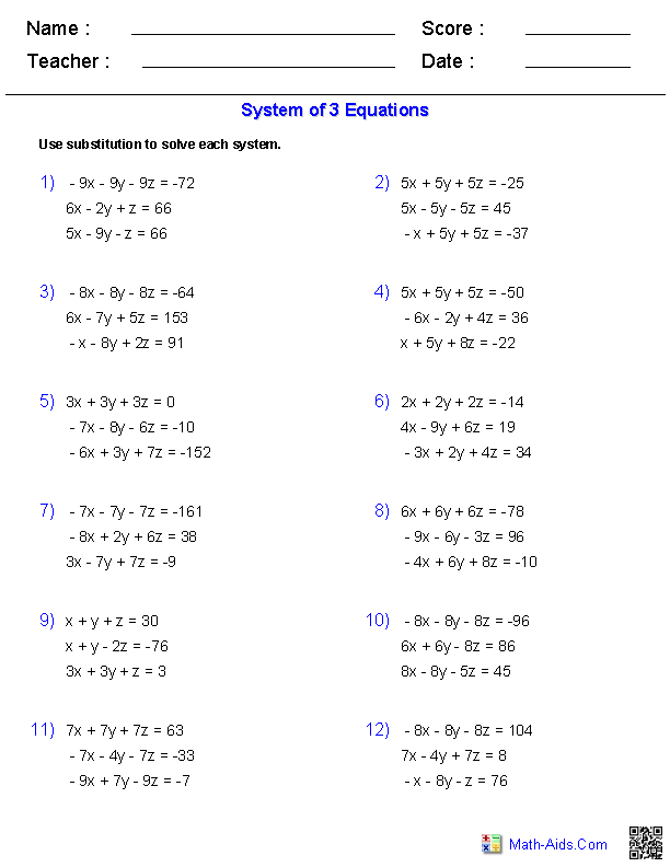 Systems of Three Equations Systems of Equations Worksheets