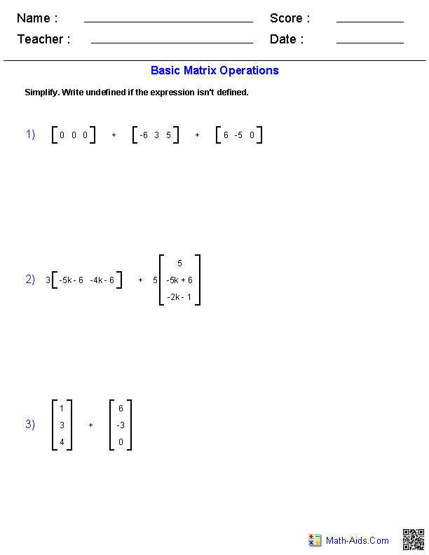 Basic Matrices Matrices Worksheets