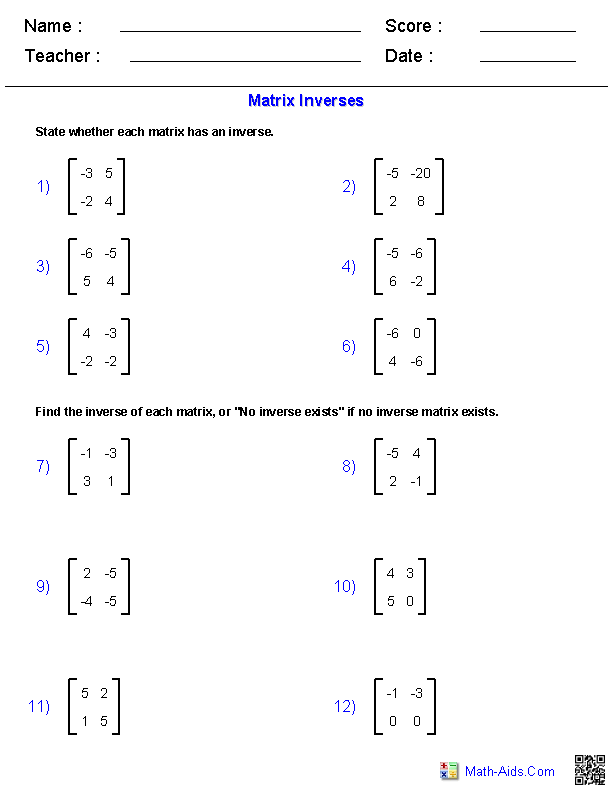 Matrix Inverses Matrices Worksheets