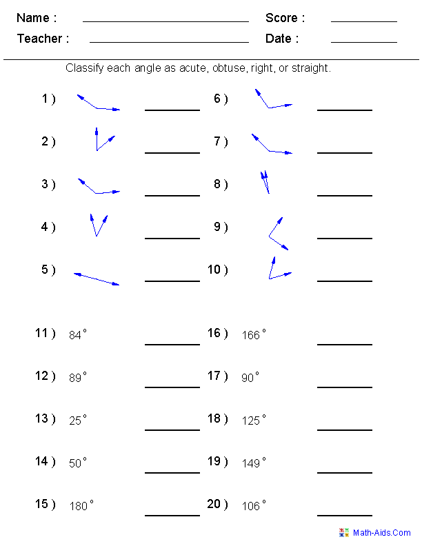 Classifying Angles Geometry Worksheets