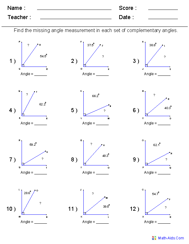 Find Complementary Angles Worksheets